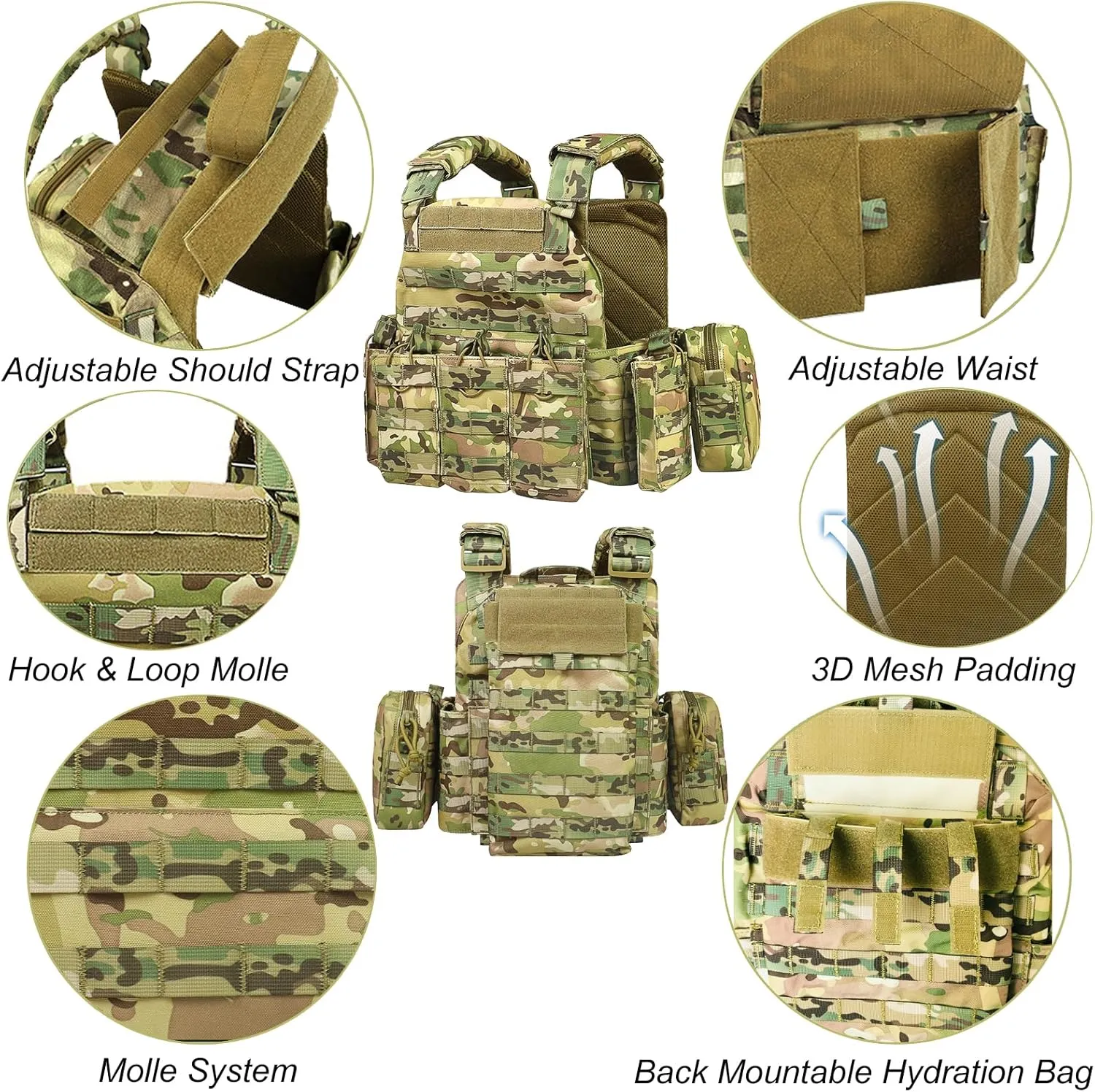 Airsoft Vest for Men Adjustable Modular Tactical Vest with Removable Pouch Adults Breathable Tactical Paintball Vest