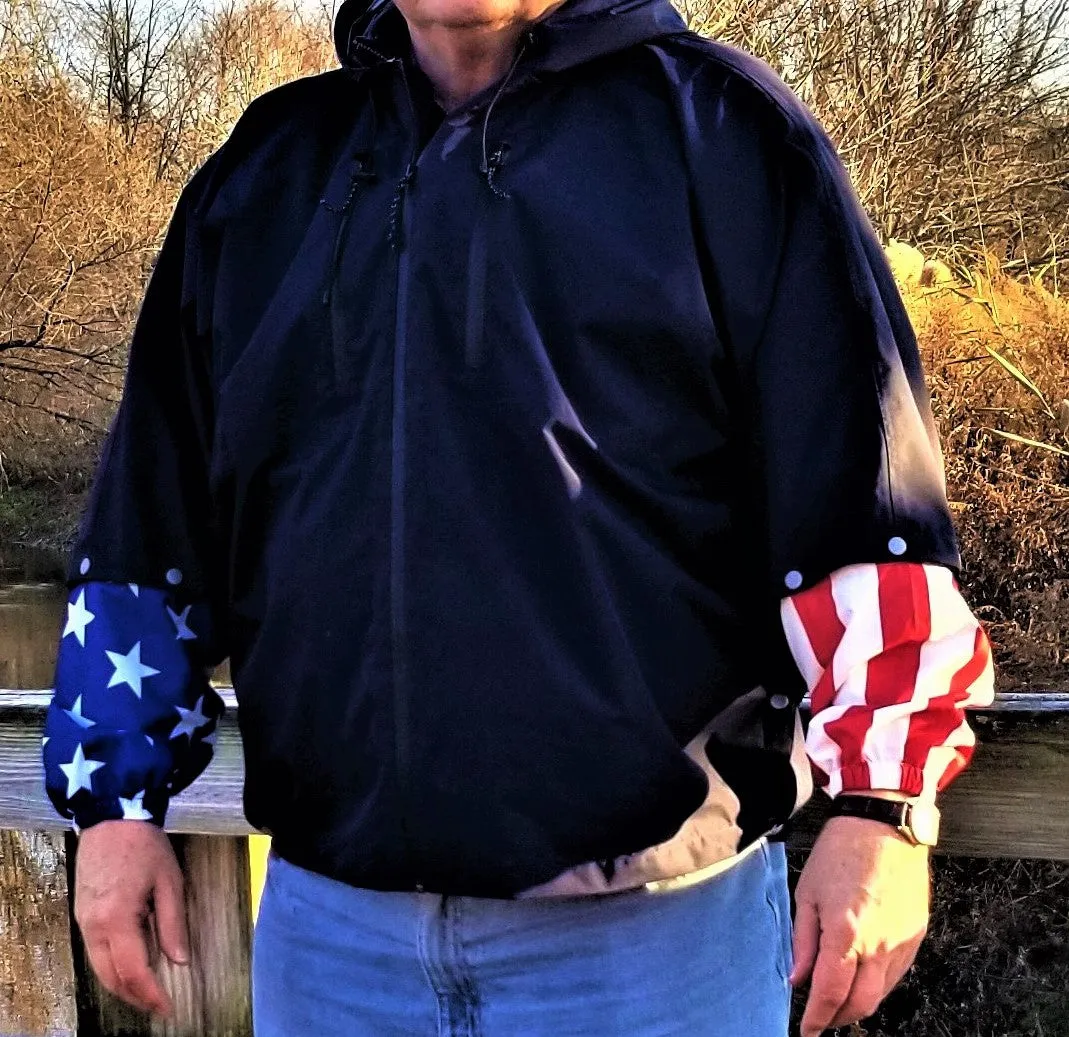 Brella Navy Blue Rain Jacket w/ Stars   Stripes Snap-on Sleeves Unisex