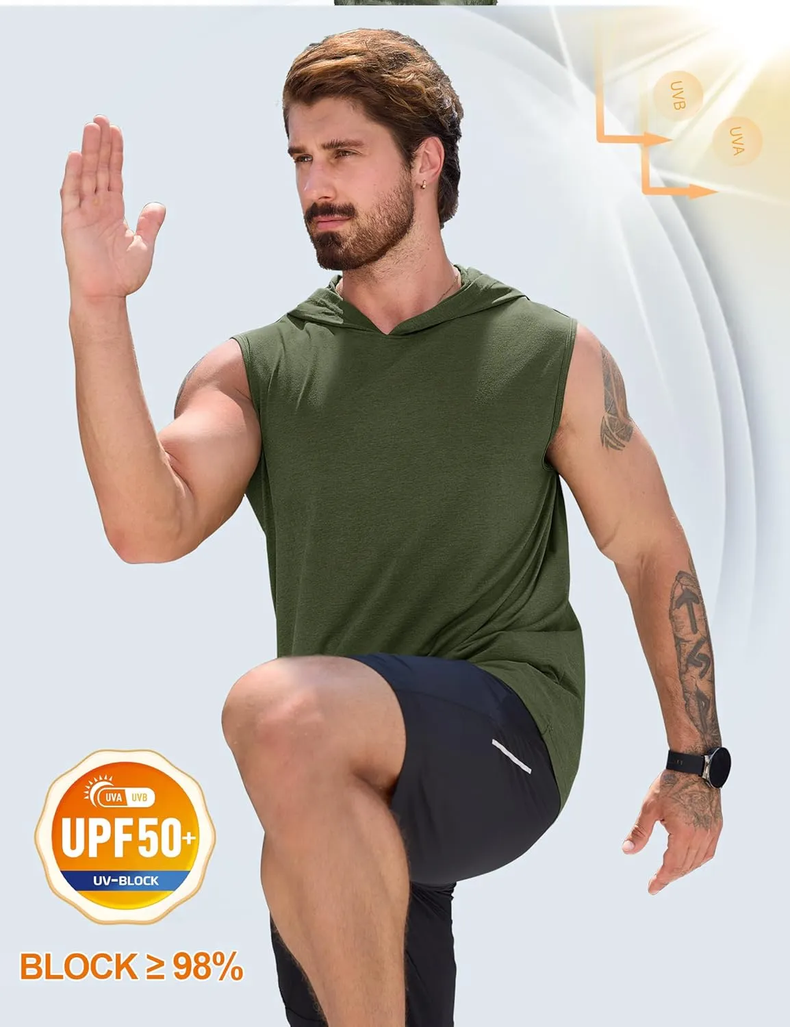 Cotrasen Men's UPF 50  Cotton Hooded Tank Top Sleeveless Hoodie Lightweight Casual Gym Workout Shirt Cooling Muscle Tee Shirt