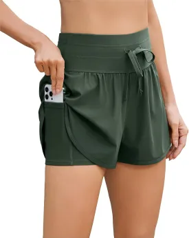 difficort Womens Board Shorts with Compression Liner High Waisted Swim Beach Swimming Shorts with Waist Zipper Pockets