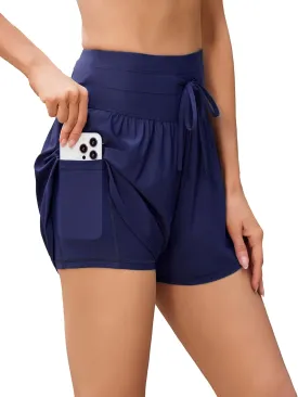 difficort Womens Board Shorts with Compression Liner High Waisted Swim Beach Swimming Shorts with Waist Zipper Pockets
