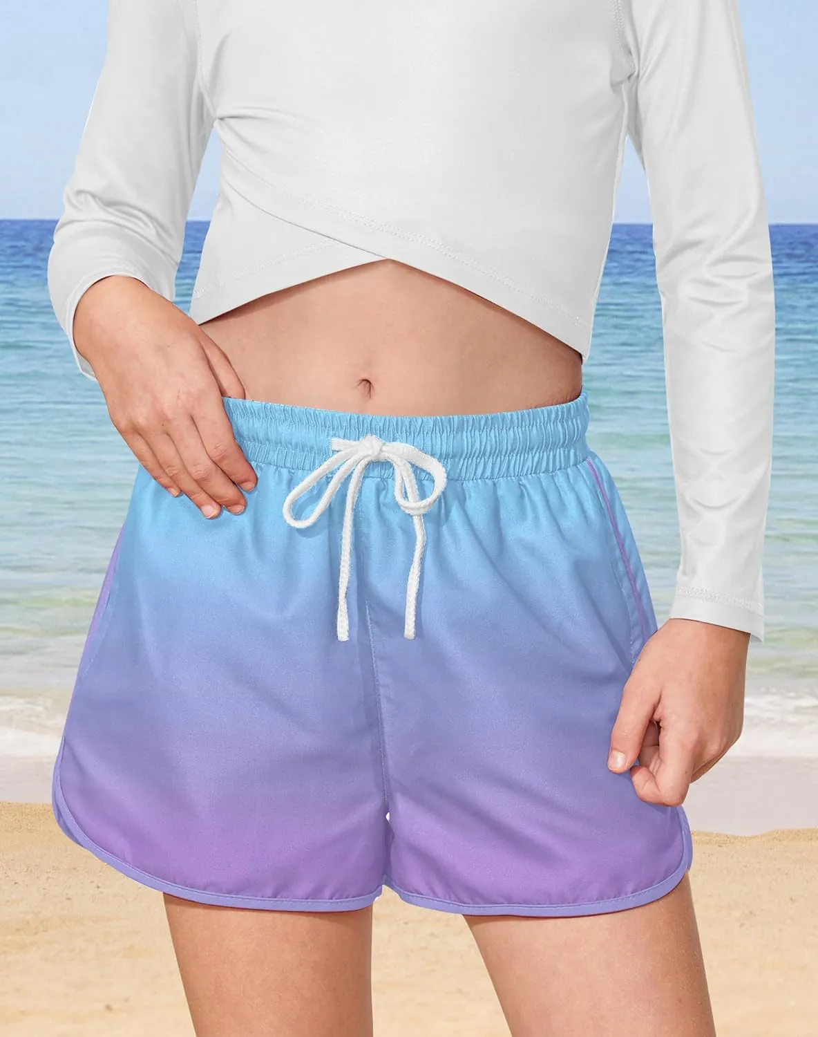 Girls 4th of July Summer Elastic Waist Beach Swim Shorts Quick Dry American Flag Swim Trunks with Pockets 5-14 Years