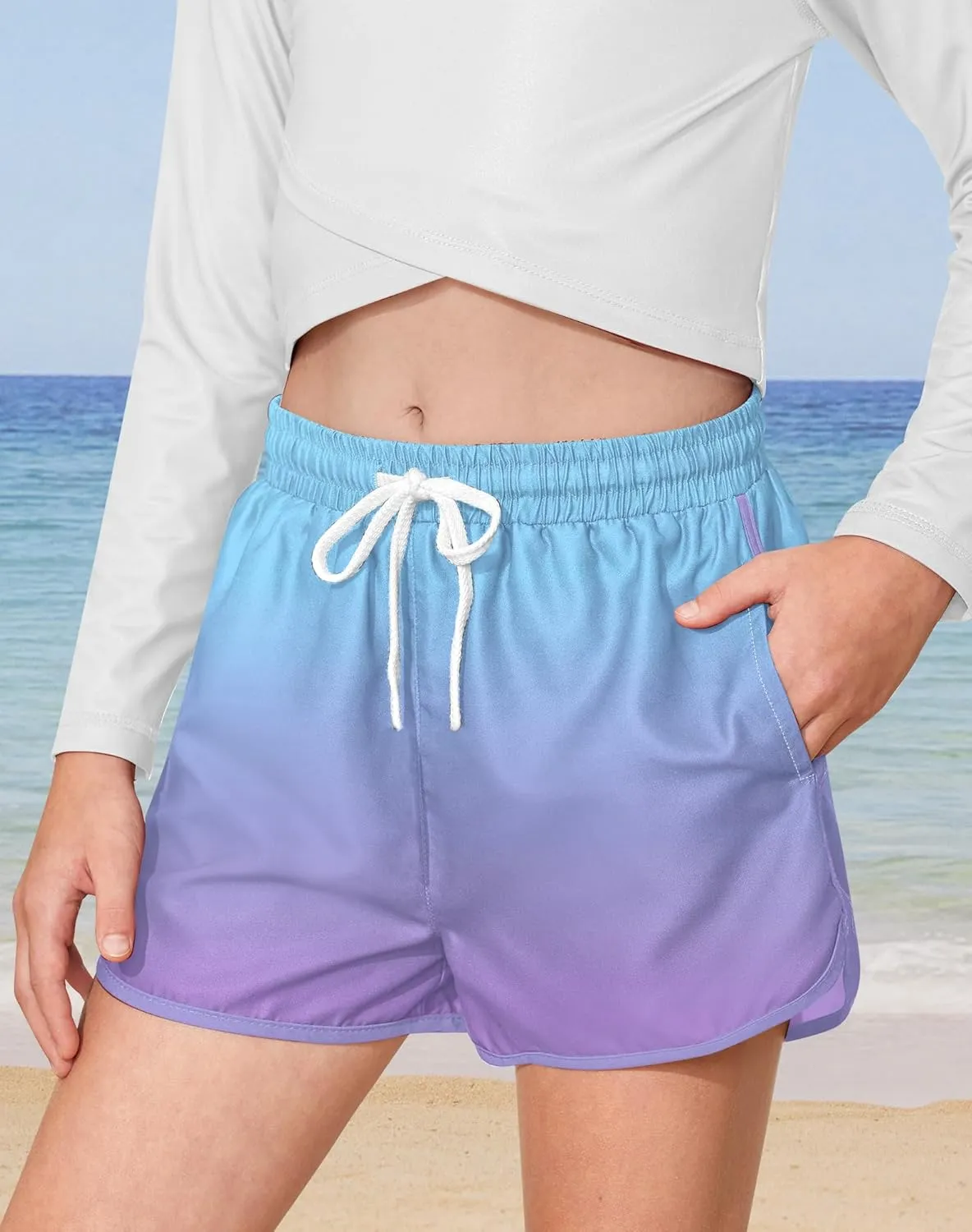 Girls 4th of July Summer Elastic Waist Beach Swim Shorts Quick Dry American Flag Swim Trunks with Pockets 5-14 Years