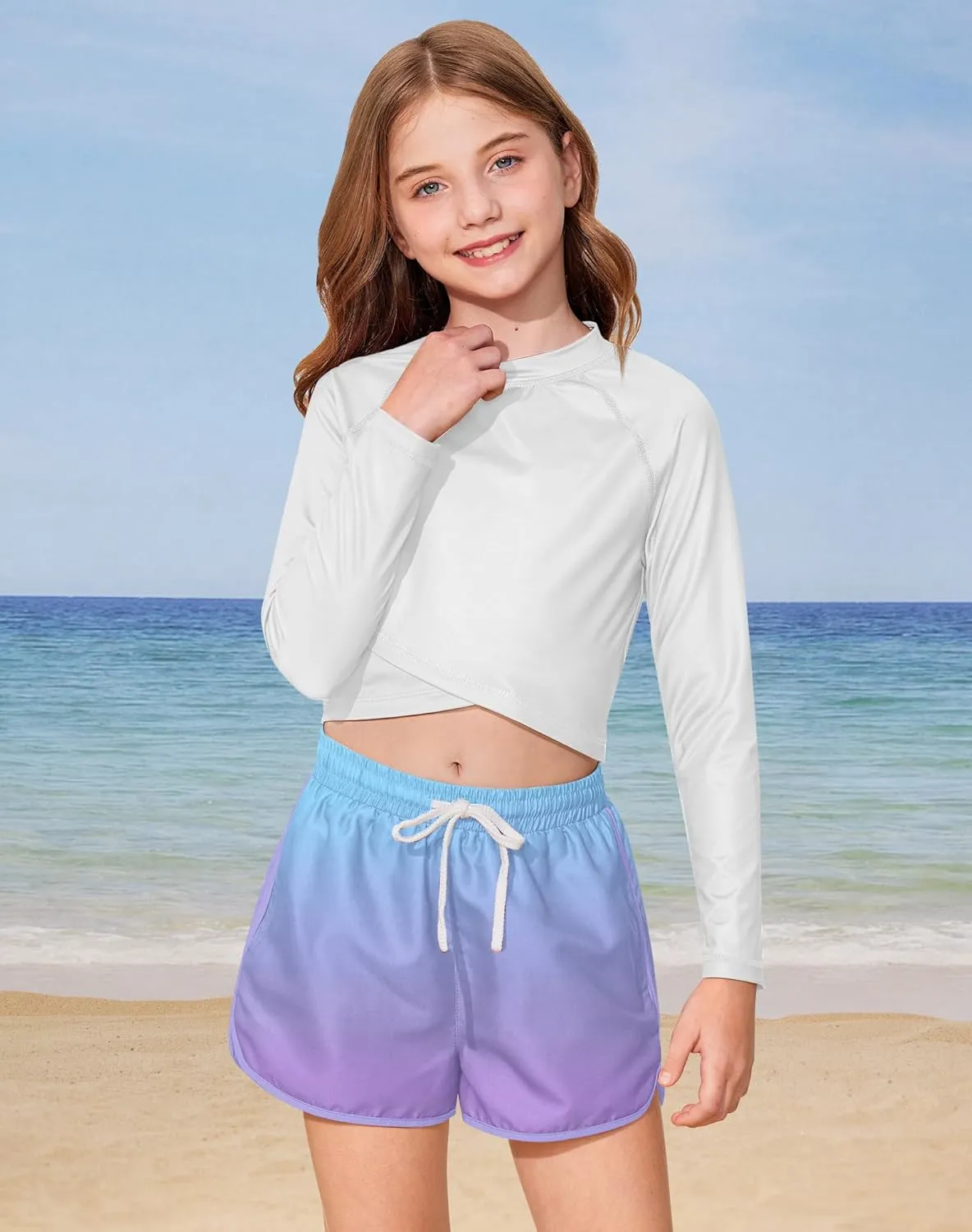 Girls 4th of July Summer Elastic Waist Beach Swim Shorts Quick Dry American Flag Swim Trunks with Pockets 5-14 Years