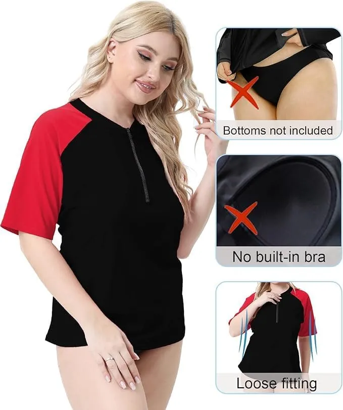 Halcurt Women's Plus Size Half Zip Short Sleeve Rash Guard Swim Top Loose Fit Swim Shirt UPF50  Swimsuit