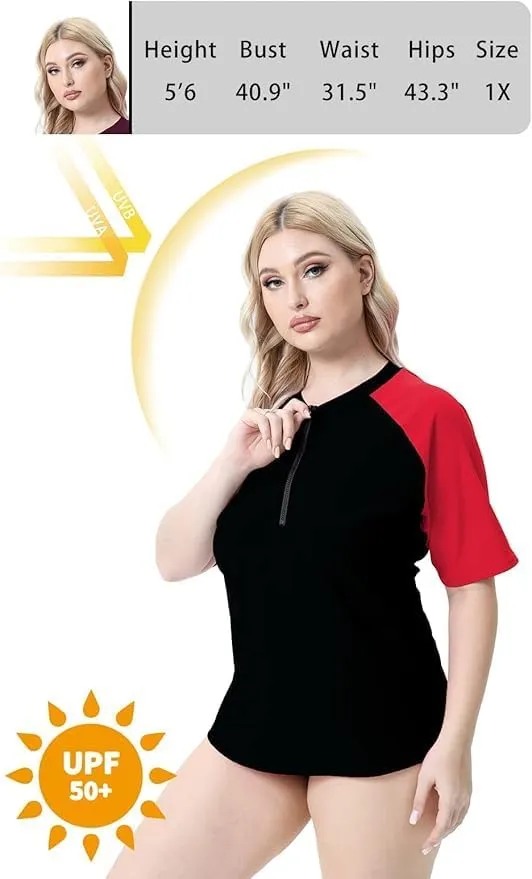 Halcurt Women's Plus Size Half Zip Short Sleeve Rash Guard Swim Top Loose Fit Swim Shirt UPF50  Swimsuit