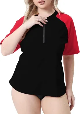 Halcurt Women's Plus Size Half Zip Short Sleeve Rash Guard Swim Top Loose Fit Swim Shirt UPF50  Swimsuit