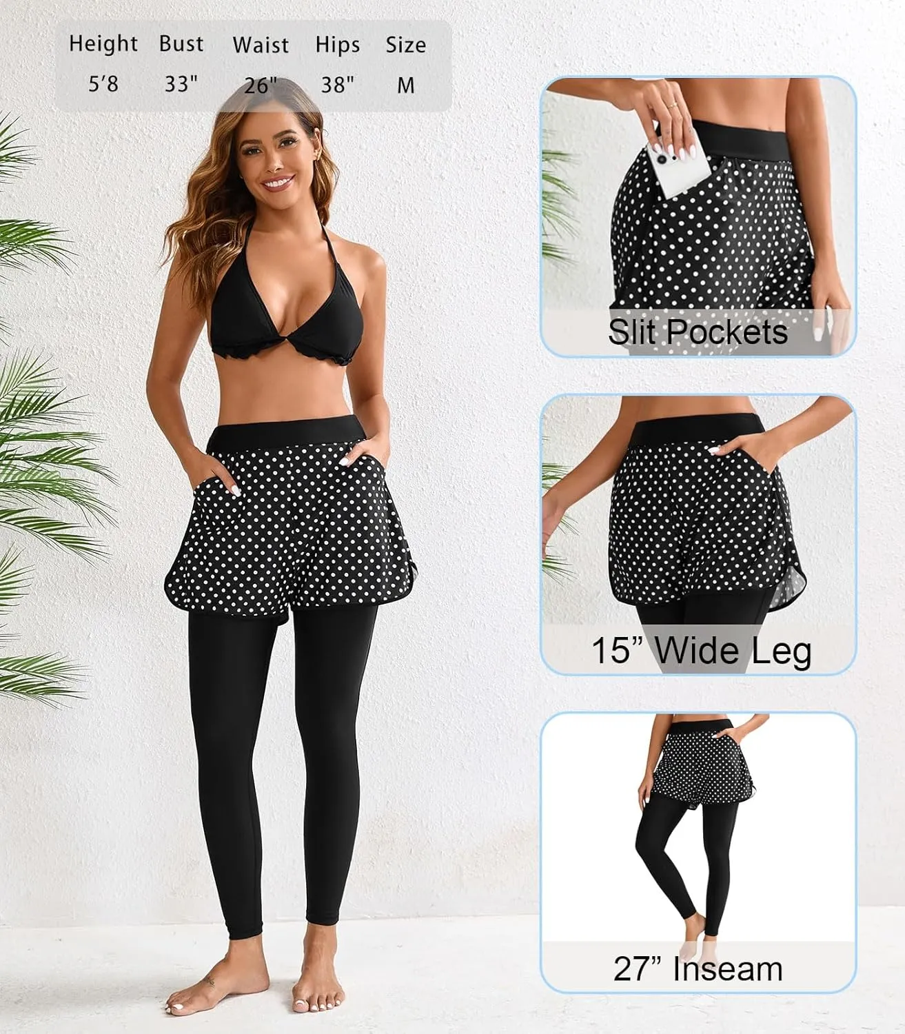 Halcurt Womens Swim Pants with Shorts 27" Swim Leggings Pockets Board Shorts Rash Guard Pants