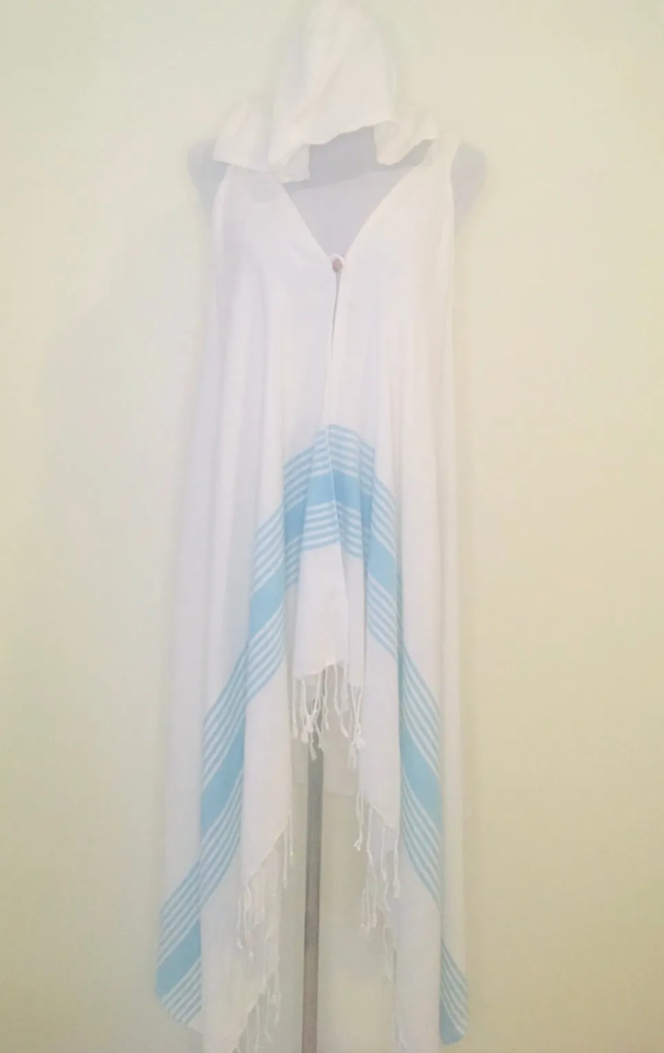 Hooded Sleeveless Peshtemal Cover Up - Blue Green Stripe