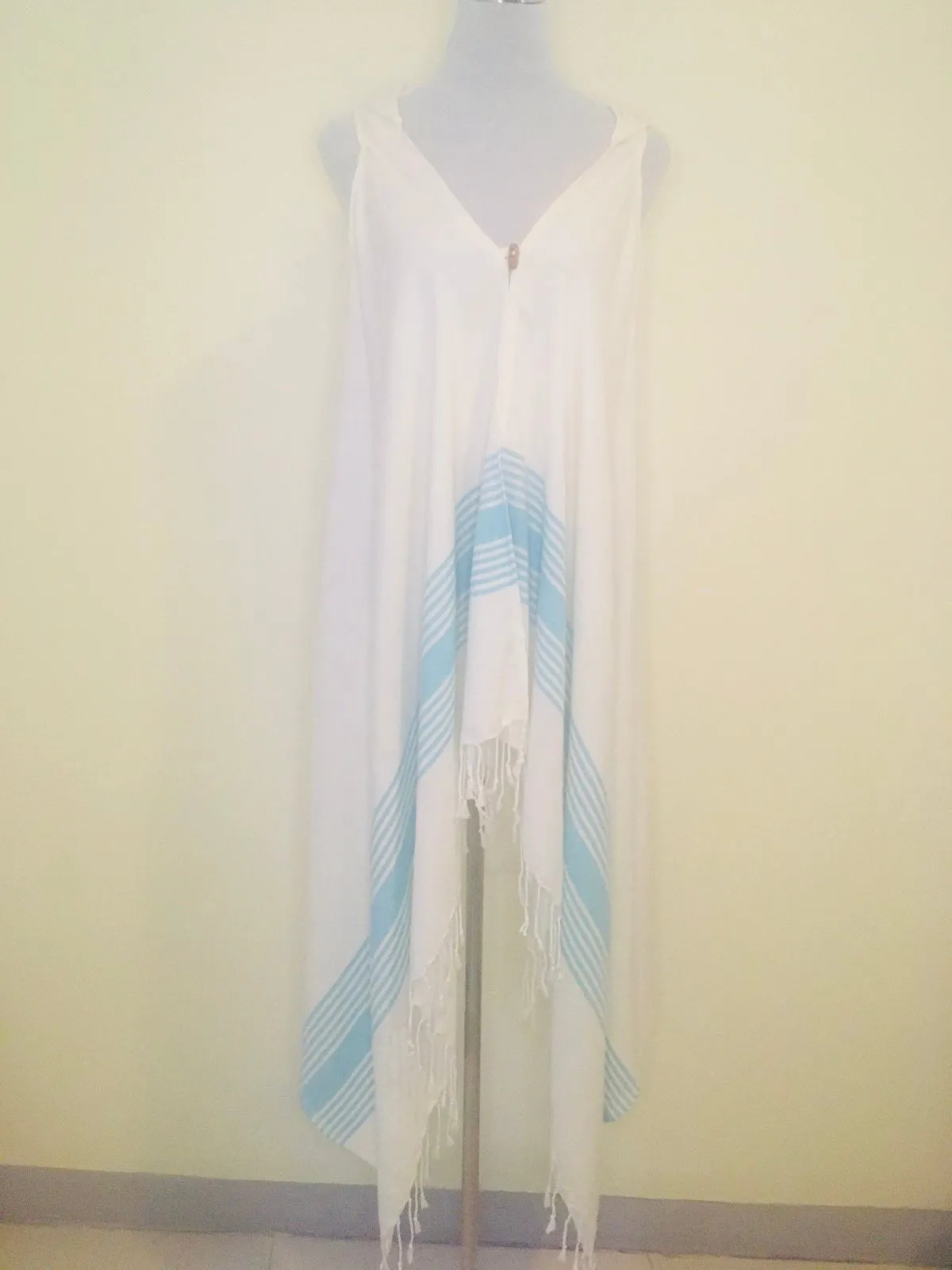 Hooded Sleeveless Peshtemal Cover Up - Blue Green Stripe