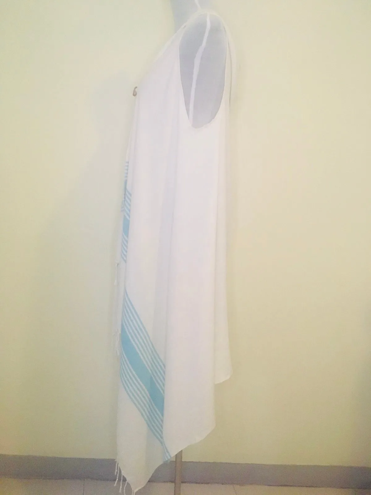 Hooded Sleeveless Peshtemal Cover Up - Blue Green Stripe