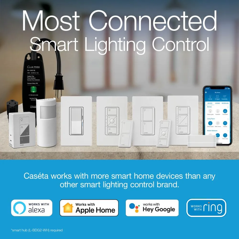 Lutron Caseta Smart Lamp Dimmer 3-Way Kit and Pico Remote, for Floor and Table Lamps, for Dimmable LED Lights, 100 Watt, Single-Pole/3-Way, P-PKG1P-WH