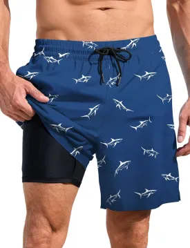 Lzzidou Mens Board Shorts with Compresssion Liner 7 Inch Inseam Swim Trunks Quick Dry Bathing Suit with Zipper Pockets