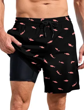 Lzzidou Mens Board Shorts with Compresssion Liner 7 Inch Inseam Swim Trunks Quick Dry Bathing Suit with Zipper Pockets