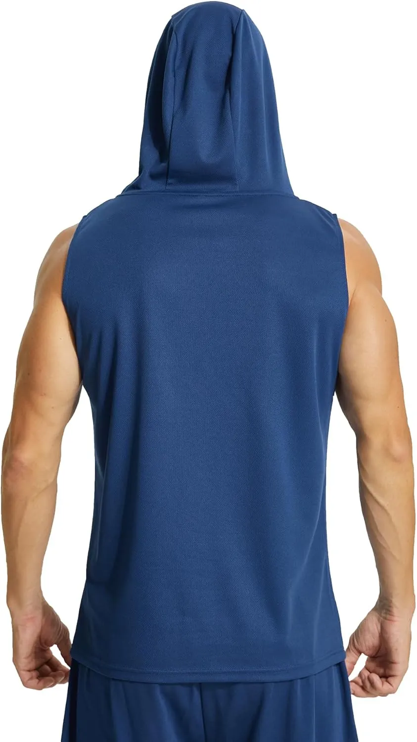Mens Active Workout Hooded Tank Tops Sleeveless Quick Dry, Athletic Running Trainning Cut Off Muscle Gym Shirt