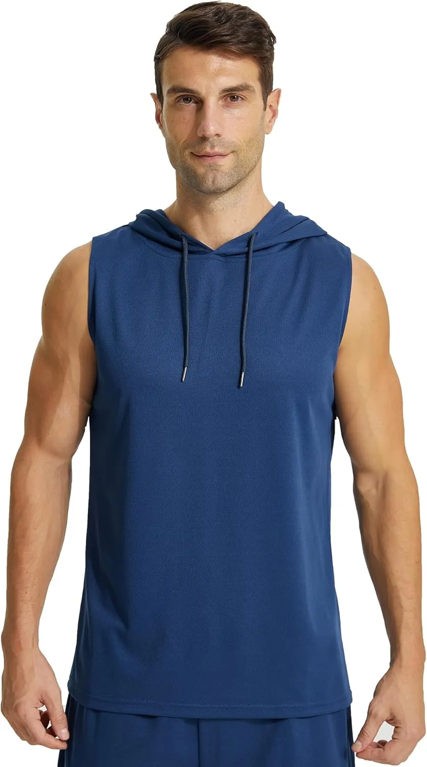 Mens Active Workout Hooded Tank Tops Sleeveless Quick Dry, Athletic Running Trainning Cut Off Muscle Gym Shirt