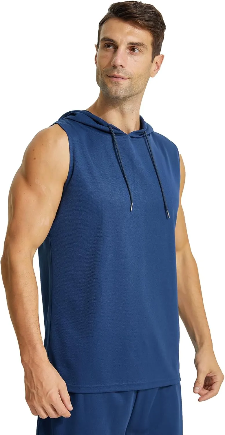 Mens Active Workout Hooded Tank Tops Sleeveless Quick Dry, Athletic Running Trainning Cut Off Muscle Gym Shirt