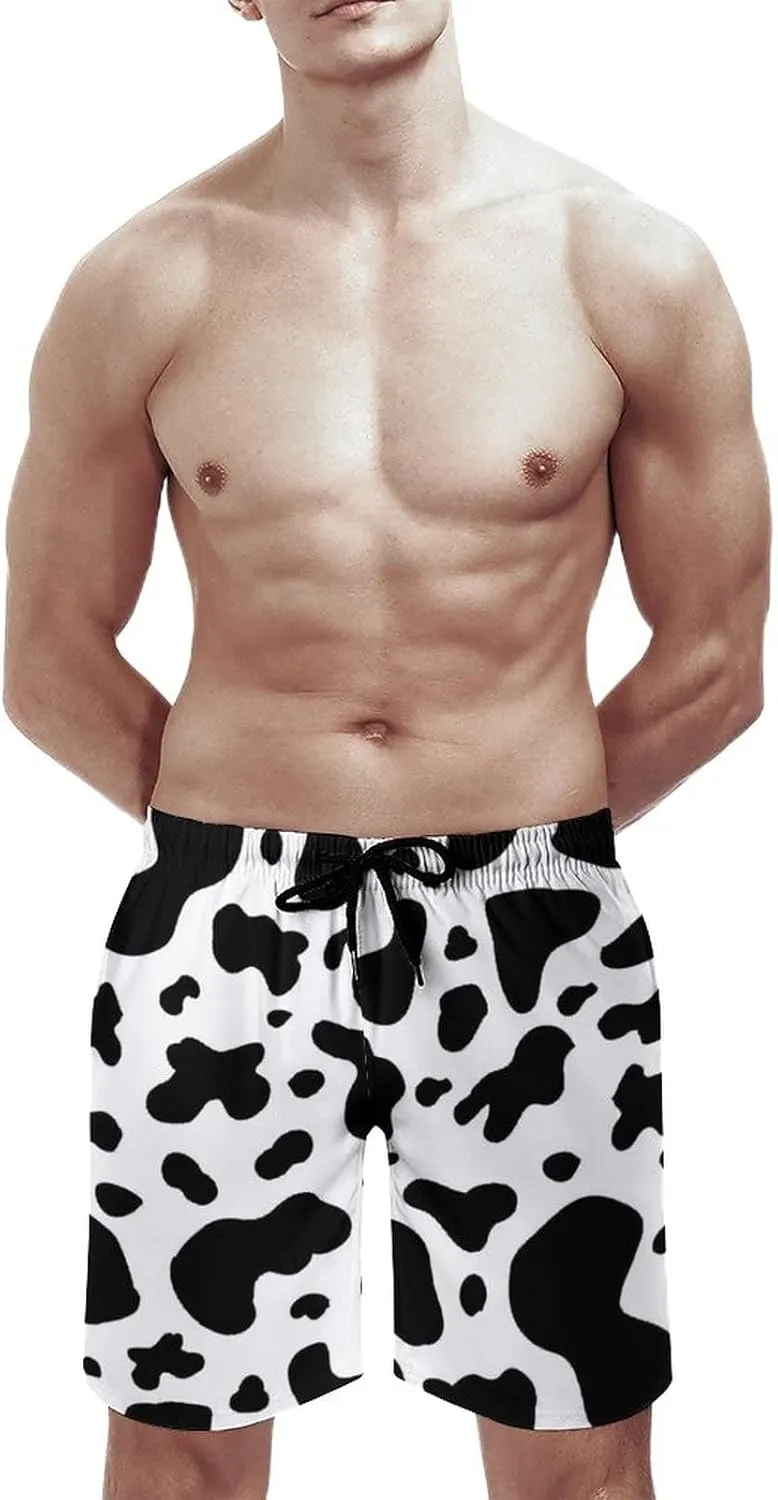 Mens Cow Print Beach Board Shorts Swim Trunks with Mesh Lining