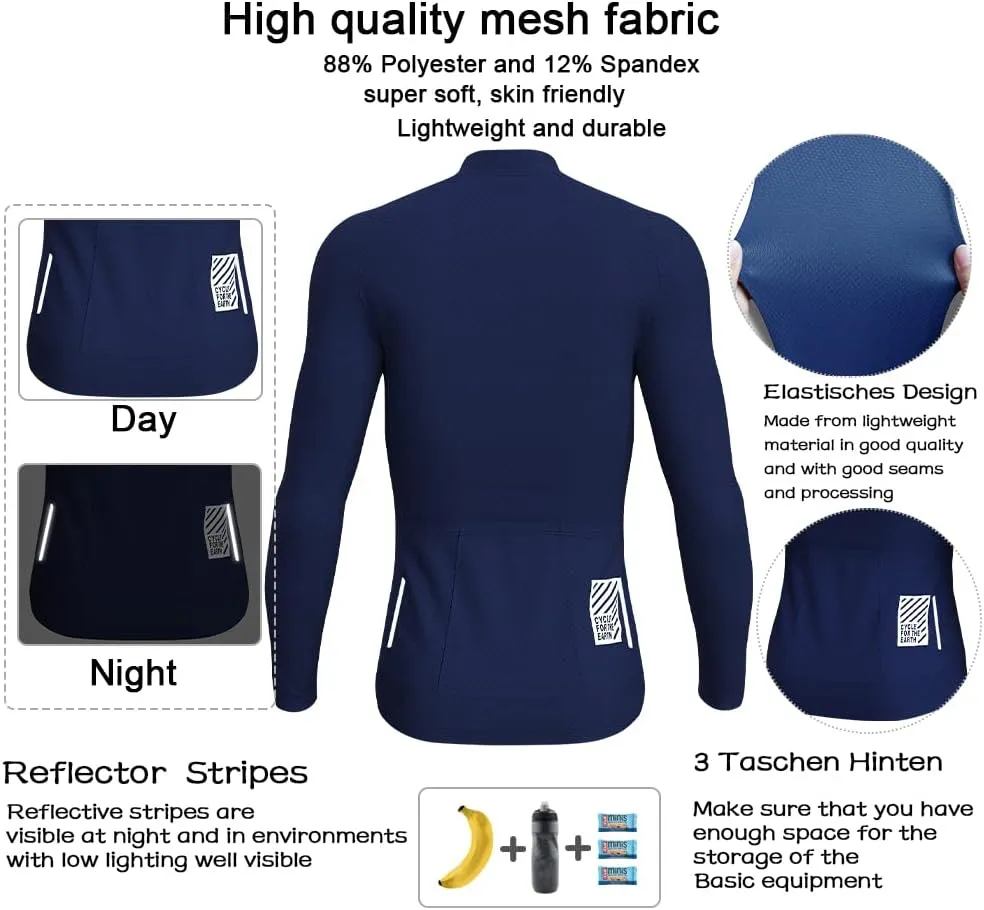 Men's Cycling Jerseys Long Sleeve Bike Biking Shirts Full Zip with Pockets Road Bicycle Clothing