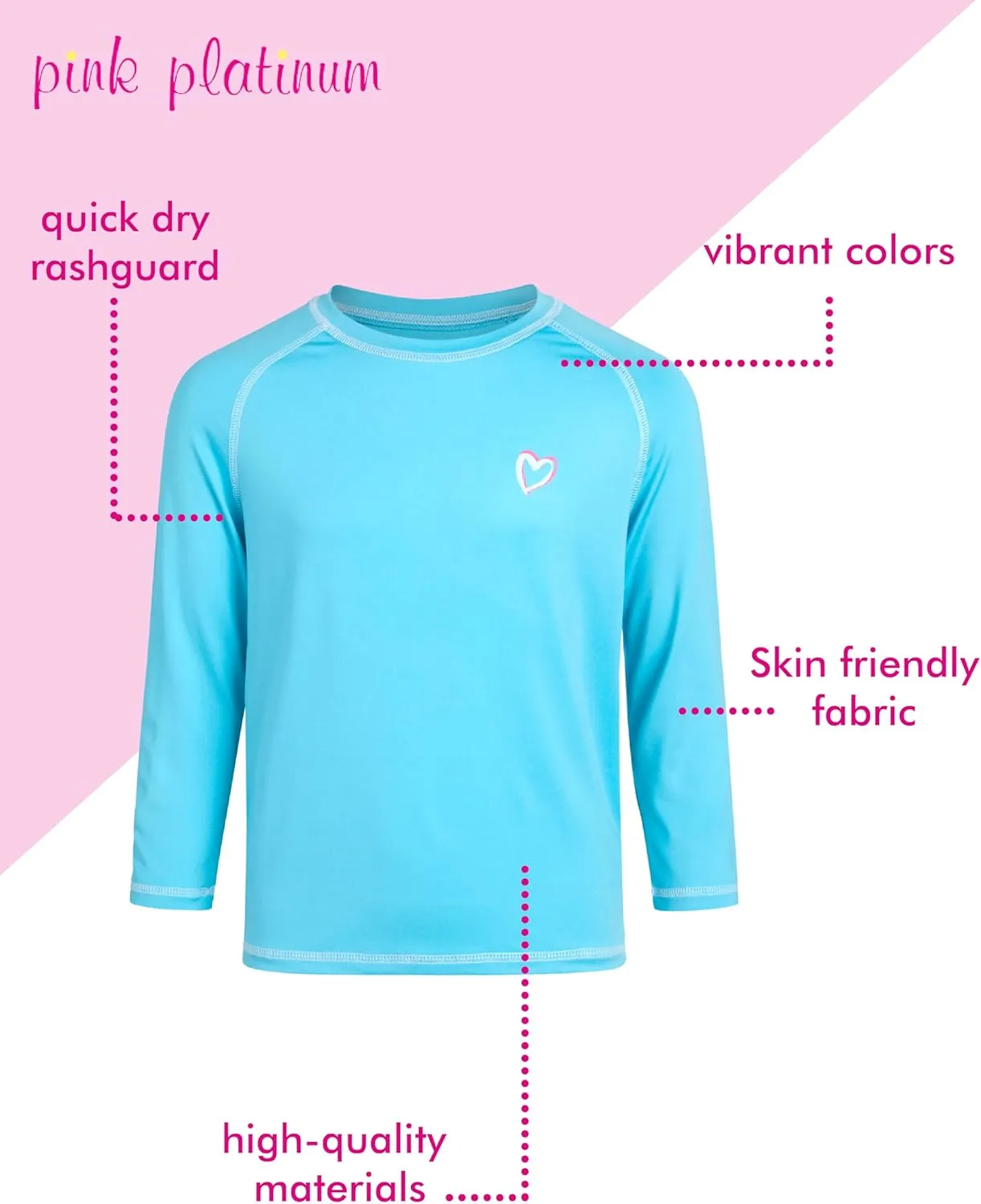 Pink Platinum Girls Rash Guard - UPF 50  Long Sleeve Swim Top Quick Dry Sun Protection Rashguard Swimsuit for Girls (4-16)