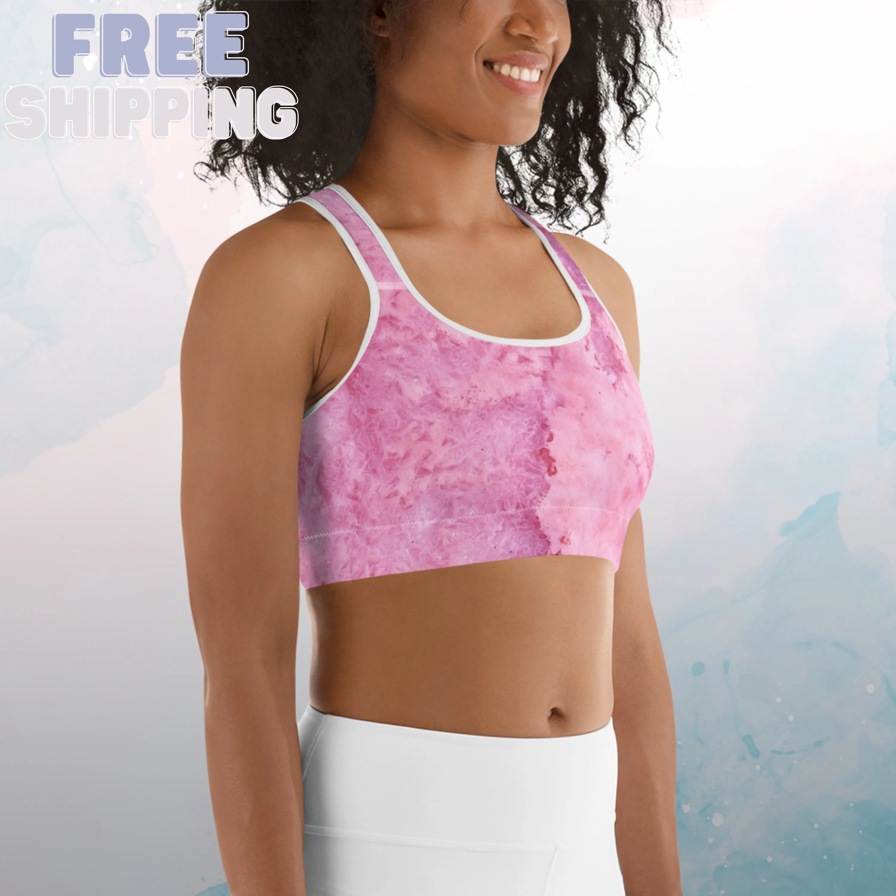 Pink Watercolor Print Womens Light Weight Sports Bra