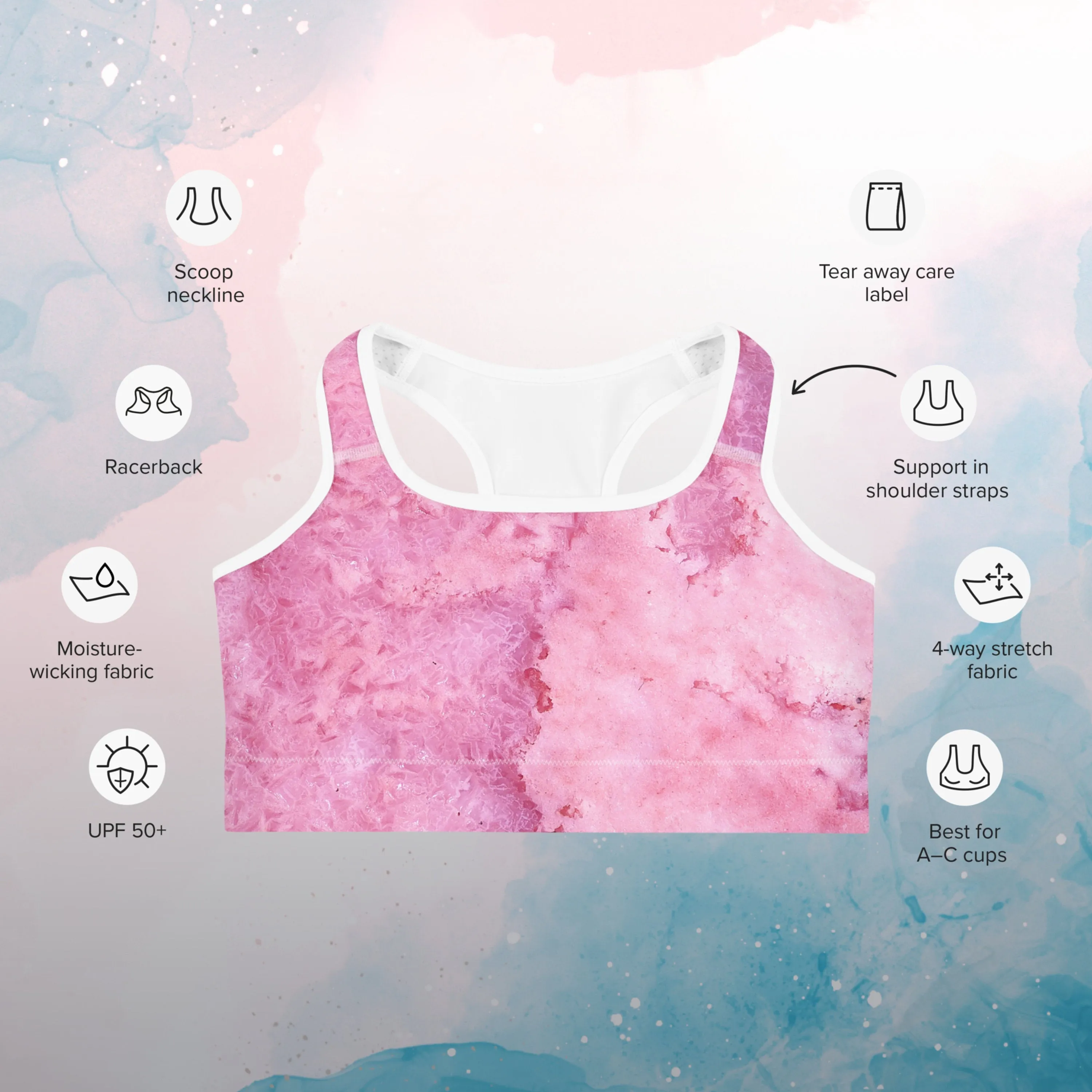 Pink Watercolor Print Womens Light Weight Sports Bra
