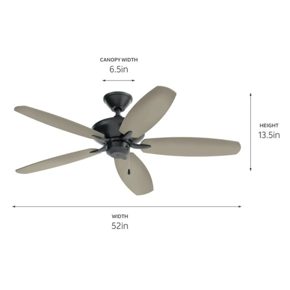 Renew 52 Inch Satin Black Simple Ceiling Fan with Pull Chain