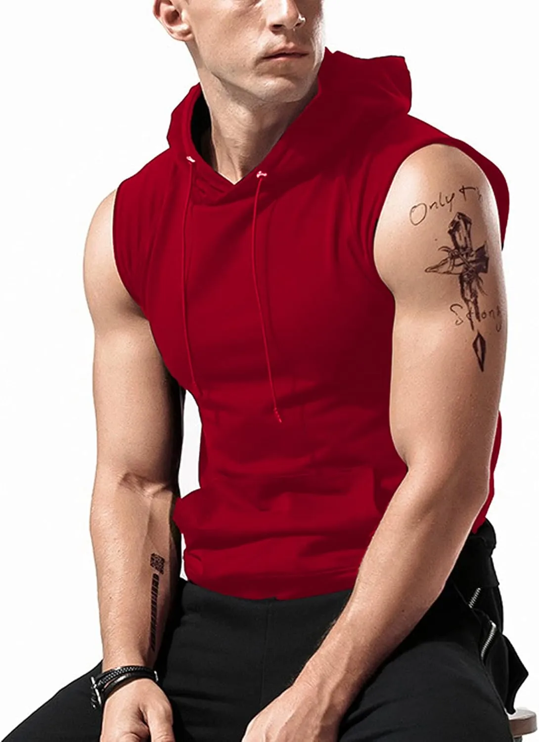 Sleeveless Hoodie Men Workout Hooded Tank Top Gym Muscle Shirts with Pocket