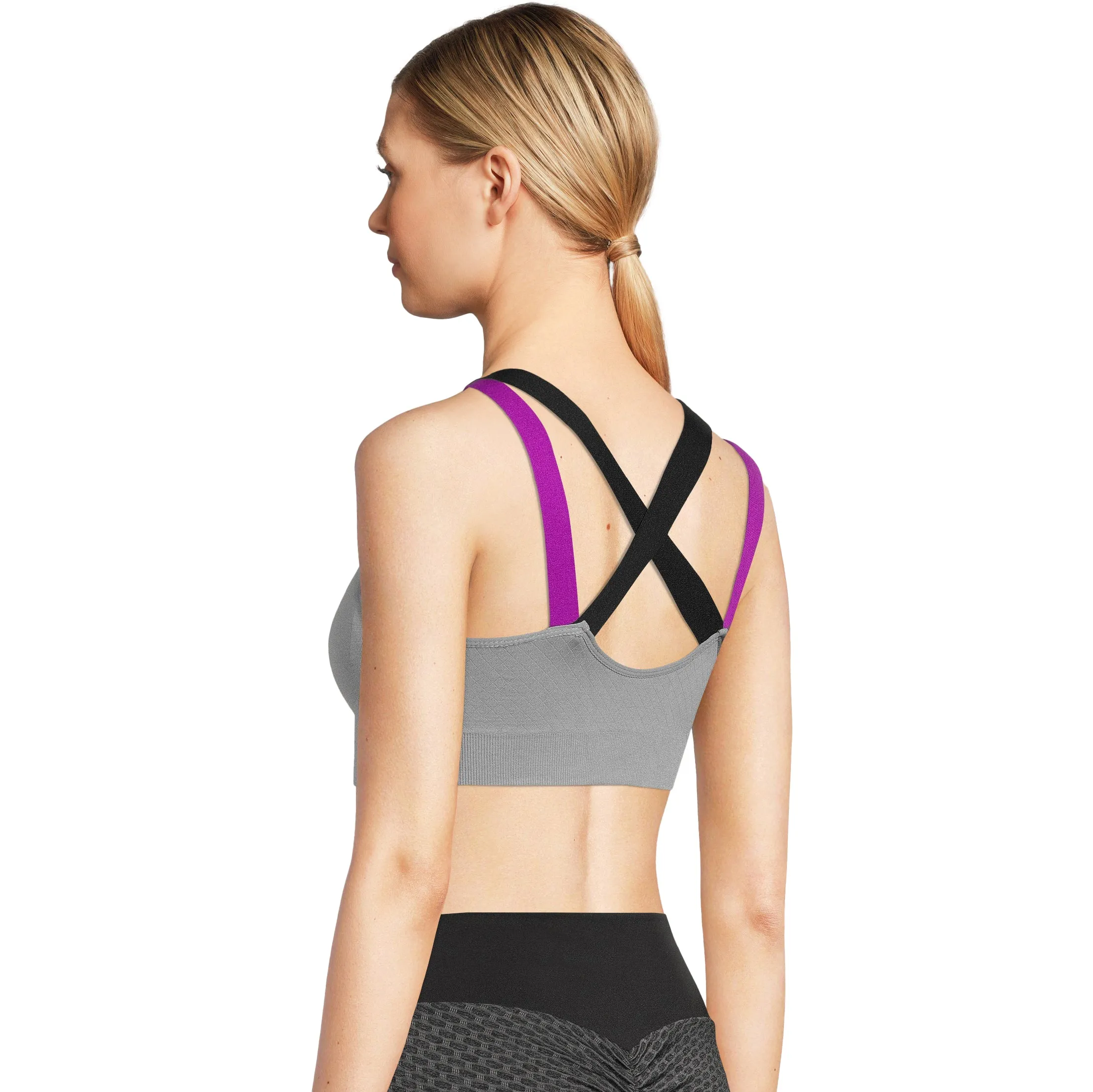 SOBEYO Sports Bra Padded Elastic Straps Cross Back Gray