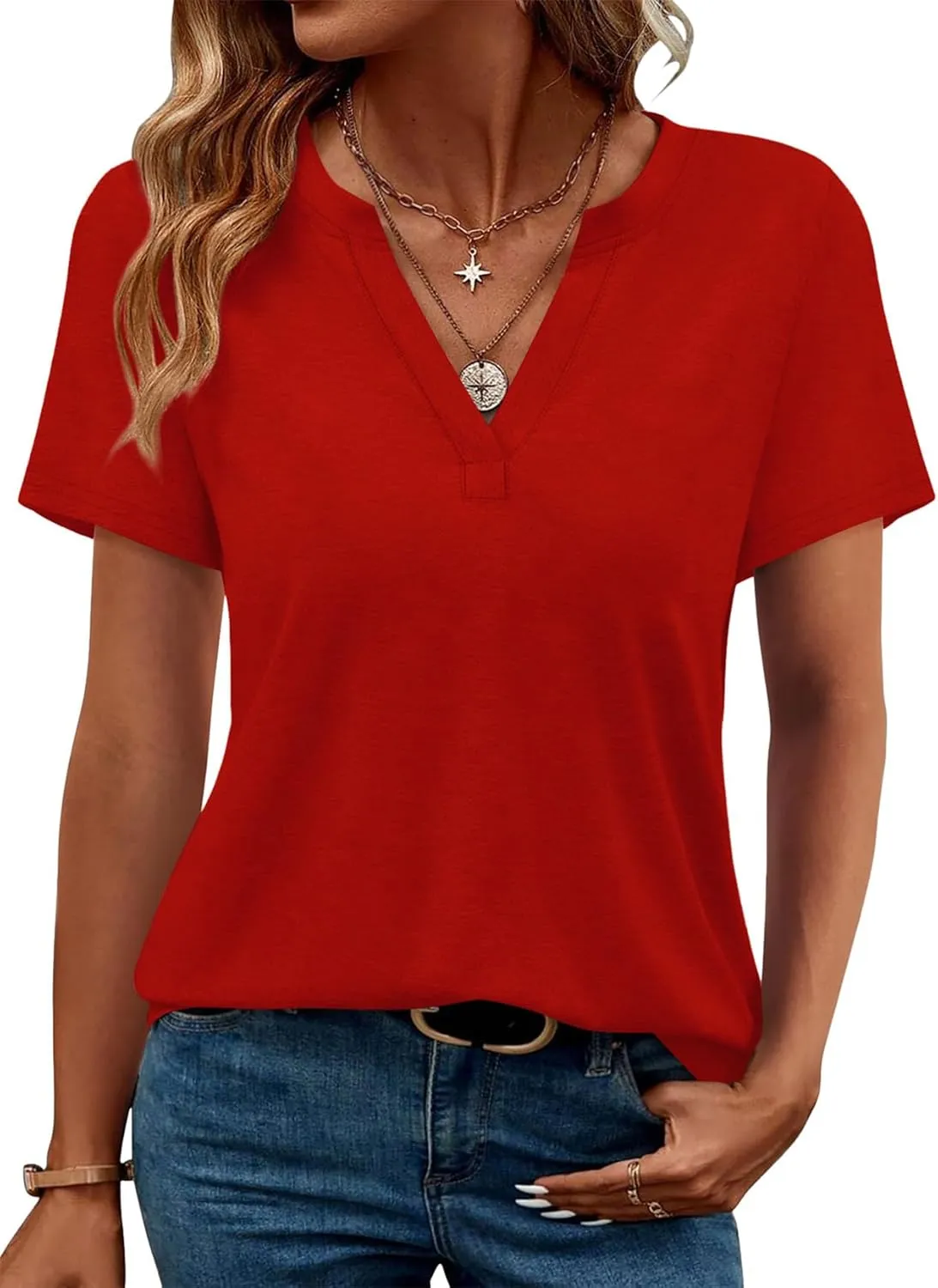 WEESO Womens Tops Summer Short Sleeve V Neck Blouses Business Casual Loose Fit Tshirts Trendy Fashion Outfits
