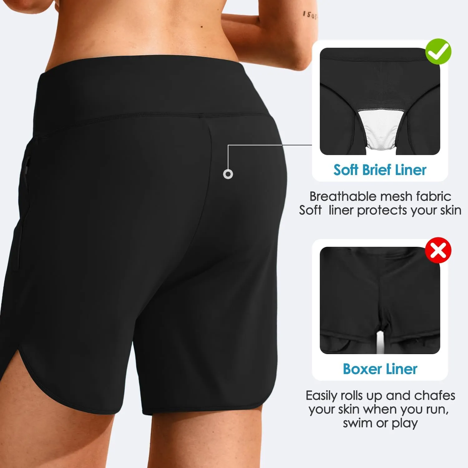 Women's 6" High Waisted Swim Board Short, Quick Dry Beach Swim Shorts with Mesh Brief Liner and Side Pockets